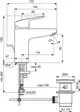 Waschtischarmatur von Ideal Standard mit einem Hebel und einem modernen Design. Die Abmessungen und der Wasserfluss sind im technischen Diagramm dargestellt.